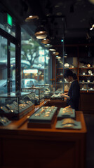 The interior of a high-end jewellery store with a shop assistant. 