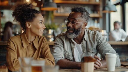 Fototapeta premium Two Black professionals share a joyful conversation at cafe, smiling and enjoying each other's company, demonstrating camaraderie and connection over coffee.