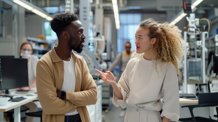 Obraz premium Two young professionals, a Black man and biracial woman, engaged in animated discussion, collaborating on innovative ideas in modern office environment, colleagues brainstorming in tech workspace.