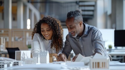 Creative black male architect and biracial female designer collaborate on architectural models, discussing innovative ideas and designs at modern workspace table, engaged in project planning
