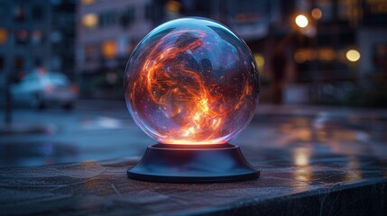 Glowing crystal ball placed on street surface, emitting warm light and swirling cosmic patterns, mysterious atmosphere with urban background, intriguing mystical object, fortune-telling, copy space
