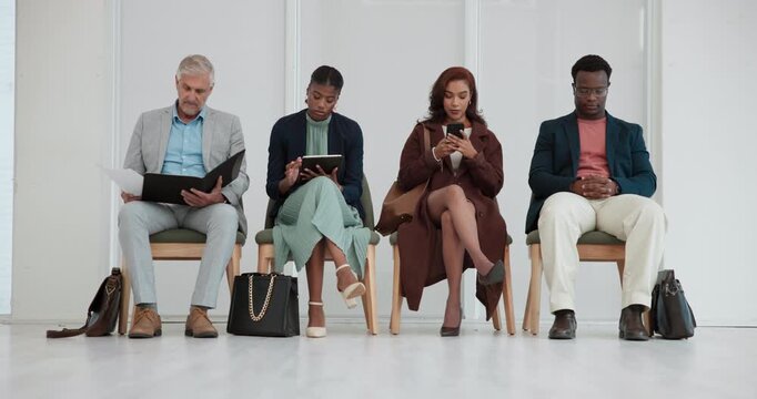 Business people, line and waiting room with technology for career or job opportunity at office. Group of employees, intern or candidates in row on chair for hiring, recruiting or meeting at workplace