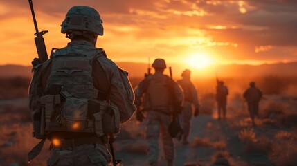 Soldiers march purposefully towards a beautiful sunset in a vast desert landscape