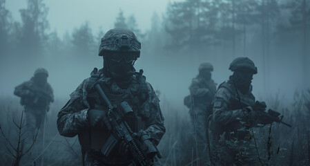 Fototapeta premium Military soldiers navigate through a foggy forest during the dusk hours, an intense scene