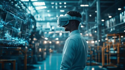 Obraz premium Engineer in a white VR headset at a high-tech factory. The future of manufacturing and innovation