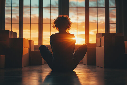 A person sitting on the floor of an empty room, surrounded by boxes, representing a fresh start.