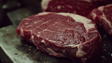 Freshly cut ribeye steaks resting on a butcher's block in a rustic kitchen setting