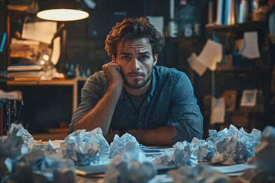 A man sitting at a desk, surrounded by crumpled papers, struggling with writer's block.