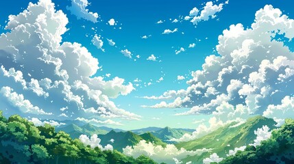 Fototapeta premium Sunny day weather on beautiful blue sky and green grass. Japanese illustration style.