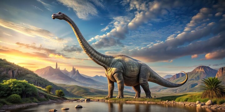 Fototapeta A detailed of a Brachiosaurus dinosaur standing tall in a prehistoric landscape, dinosaur, Brachiosaurus, tall