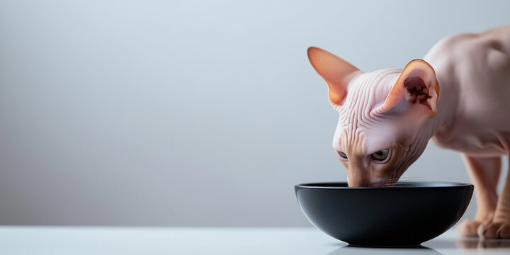 A small and delicate Sphynx cat eating from a sleek black bowl, set against a white background