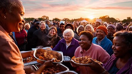 Charity event where people are being served hot food and hot drinks. Happy getting together to support the less fortunate. 