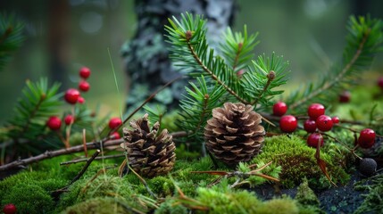 Obraz premium Forest setting with moss, berries, and cones: the idea of a harsh present. Nature backdrop.