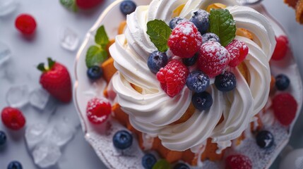 Rum baba decorated with whipped cream and fresh raspberry, blueberry. Savarin with rum, cream and berries. Italian cuisine. Banner. Top view