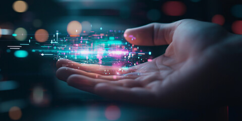 Fototapeta premium A close-up of a hand holding a glowing, futuristic hologram