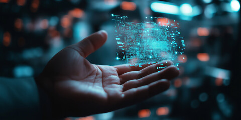 Fototapeta premium A close-up of a hand holding a glowing, futuristic hologram