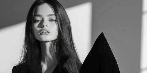 A minimalist fashion shoot with a model wearing sleek, monochromatic clothing