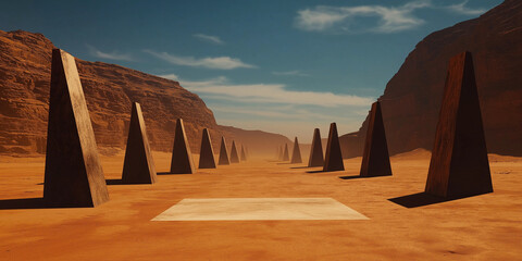 A surreal desert landscape with giant, surreal sculptures rising from the sand