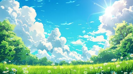 Fototapeta premium Sunny day weather on beautiful blue sky and green grass. Japanese illustration style.
