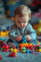 Obraz premium the baby is playing with toys on the floor. Selective focus