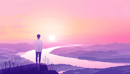 Obraz premium Man standing on top of cliff at sunset. outdoor. Illustrations design