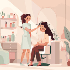 Woman enjoying a calm and relaxed hair salon experience, warm and inviting illustration.
