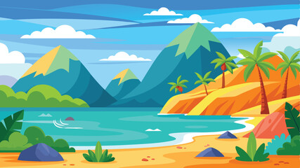 Fototapeta premium Beach and mountain landscape background vector illustration in cartoon flat style, simple flat design with few details, colorful , 2D