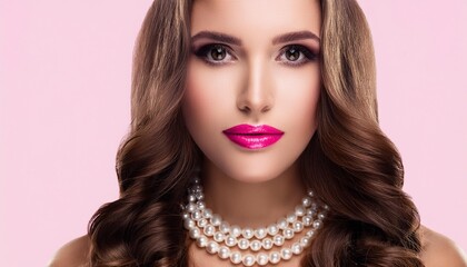 Fototapeta premium vintage portrait of a woman with long hair and pearls pop art stylization; pink lips; retro style