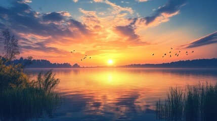 Obraz premium Peaceful Sunset Over a Still Lake
