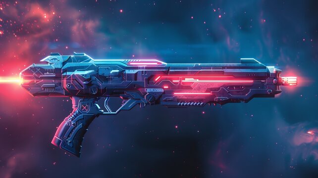 A futuristic and advanced SciFi energy weapon set against a vibrant cosmic nebula backdrop,