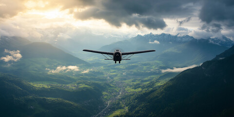 Fototapeta premium A vintage airplane soaring above a picturesque landscape