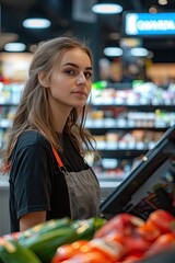Obraz premium a woman works at the checkout in a supermarket. Selective focus