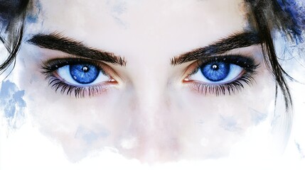 Naklejka premium A close-up of a stylized face featuring striking blue eyes and artistic brushstroke effects around the features