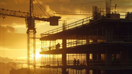 A dynamic construction site at dawn, featuring cranes and workers against a backdrop of an early morning sky, symbolizing progress, industry, and urban development