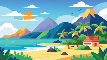 Beach and mountain landscape background vector illustration in cartoon flat style, simple flat design with few details, colorful , 2D