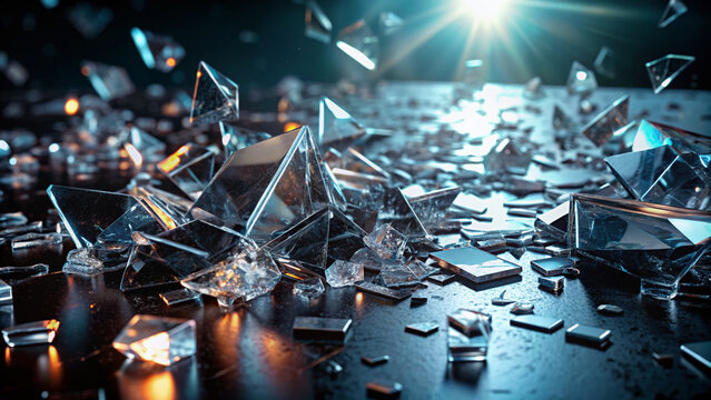 Shattered glass fragments scatter across a sleek, dark surface, refracting light and casting intricate shadows, symbolizing chaos and fragmentation.