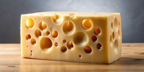 Block of Swiss cheese with large round holes, Swiss, cheese, dairy, emmental, emmentaler, yellow, holes, block, medium-hard