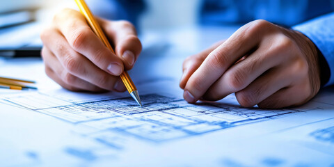 A close-up of an architect's hands working on a blueprint