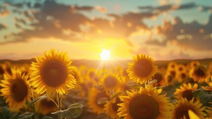 Beautiful sunset over sunflowers field