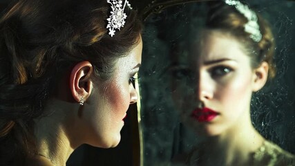 Pushing towards a sad beauty queen who sees a prettier version of herself in a mirror representing a narcissists internal duality and struggle with vanity.