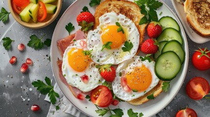 Fried eggs with ham, tomatoes, cucumber, strawberries and toasts. Delicious English Breakfast. Brunch. Top view, overhead