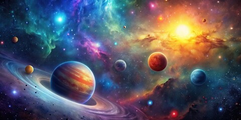 Fototapeta premium Space galaxy background with bright stars, colorful nebulae, and distant planets, space, galaxy, background, stars
