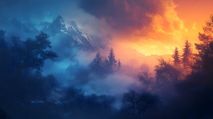 Fototapeta premium A beautiful landscape with a large body of water and a large mountain range in the background. The sky is filled with clouds and the sun is setting, creating a serene and peaceful atmosphere