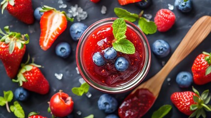 A close-up shot of a glass jar filled with strawberry and blueberry jam, surrounded by fresh strawberries, blueberries, raspberries, and mint leaves, on a black surface.