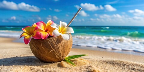 Coconut water served in a natural shell on a sandy beach with a straw and tropical flowers, coconut, water, shell, beach