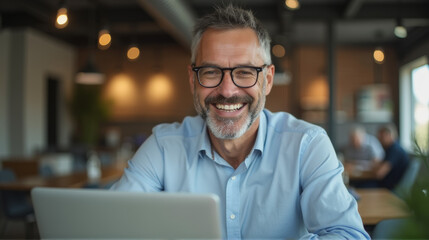 A middle-aged man with glasses smiling confidently while working on a laptop in a casual office setting, reflecting positivity and success.