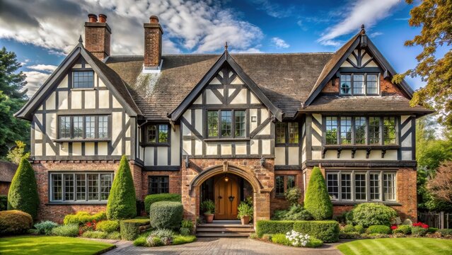 Tudor-style home with half-timbering and arched entryway, perfect for capturing old-world charm, Tudor
