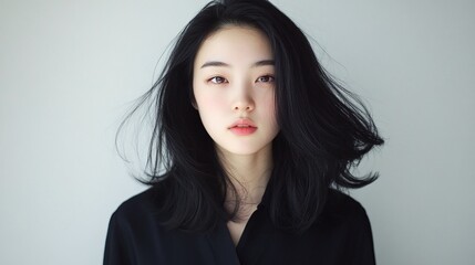 Elegant Portrait of a Young Asian Woman with Black Hair and Natural Makeup in Studio Setting - Beauty, Fashion, Modern Chic Style, Confident Expression, Close-Up Photography, Minimalist Background