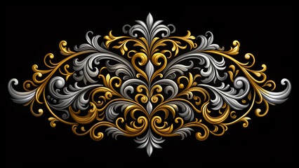 Intricately designed ornate flourishes in gold and silver adorn a elegant black background, perfect for luxury branding, invitations, and sophisticated design elements.