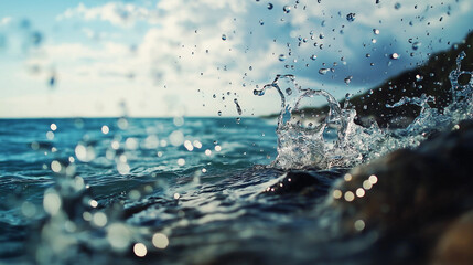 A wave crashing onto a rocky shore, water splashing and droplets hanging in the air